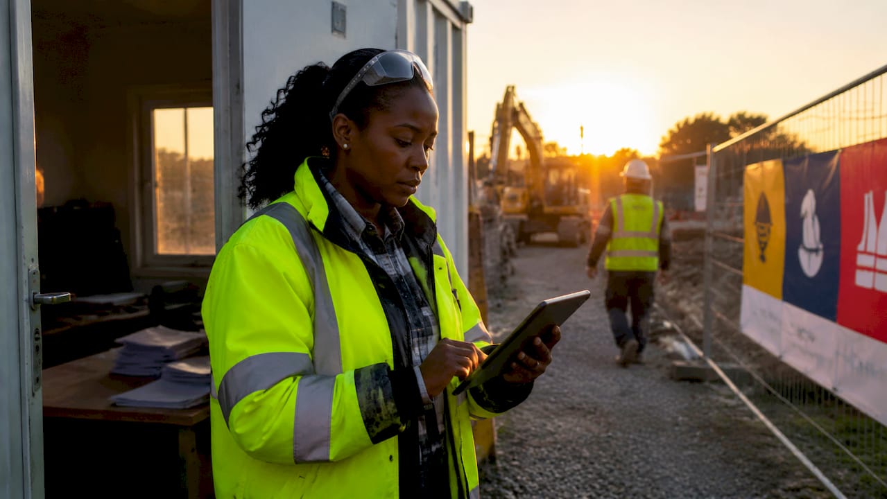 Engineer working on digital construction signage system