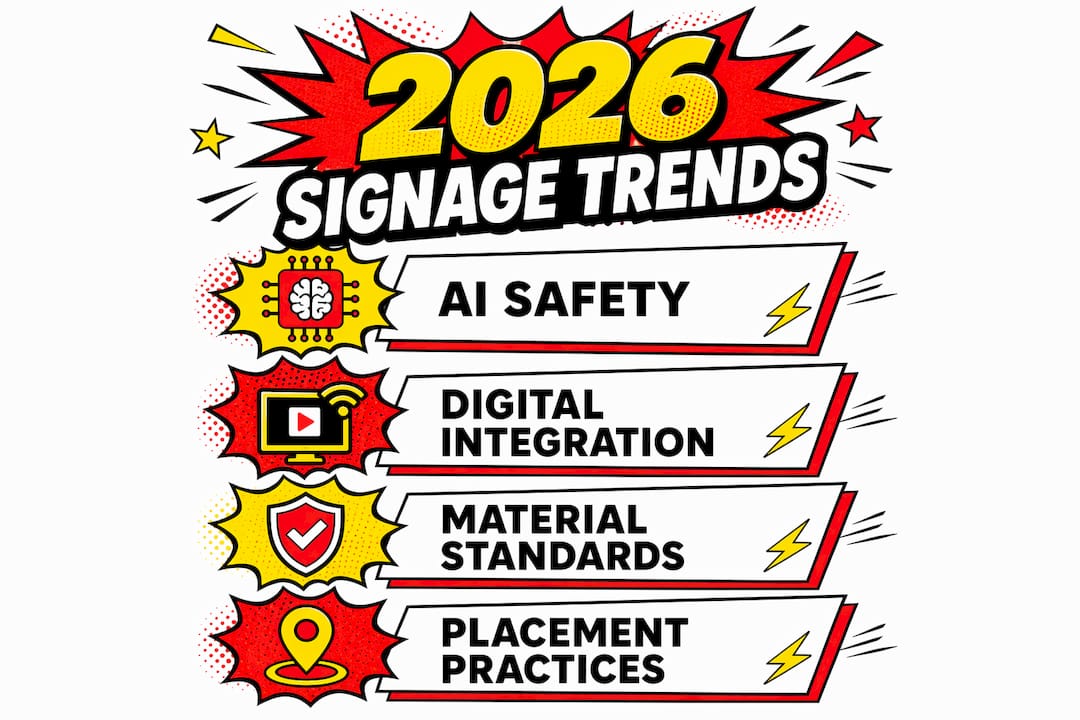 Infographic showing four key construction signage trends 2026