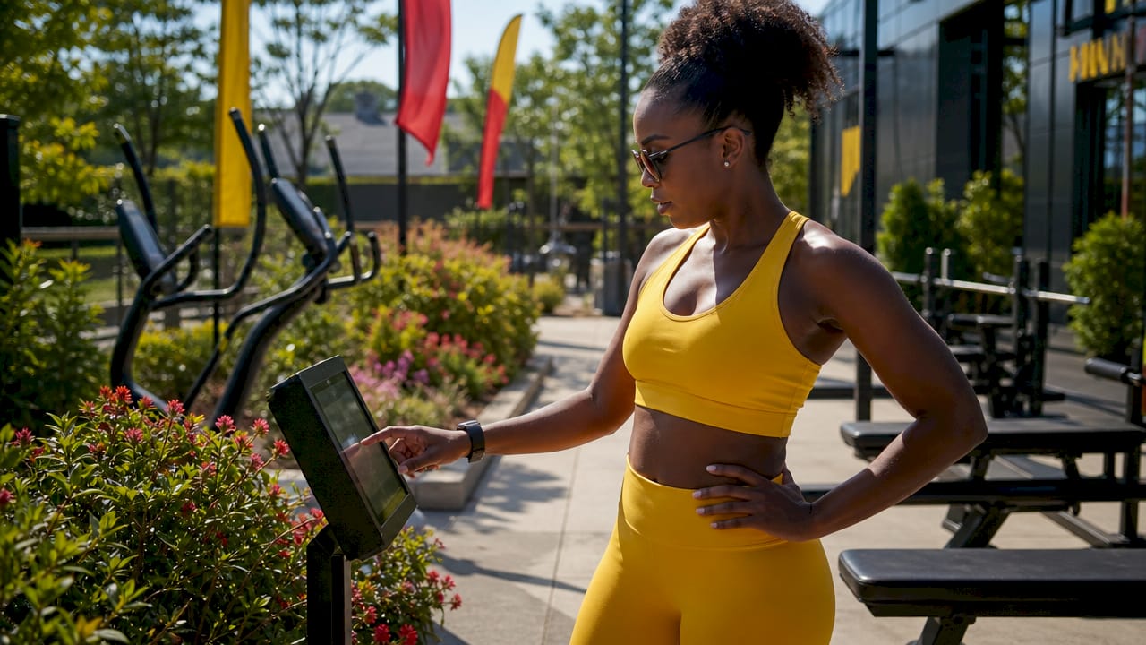 Gym instructor checking digital class signage
