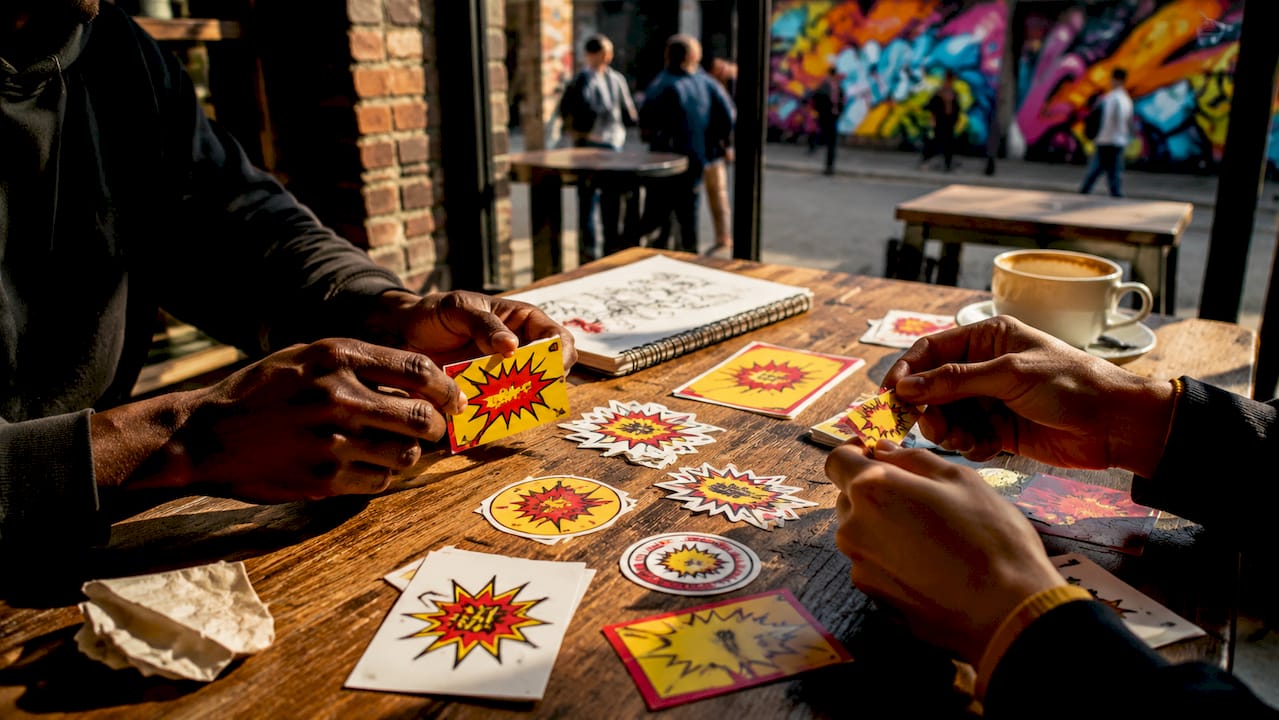 Overhead hands arranging branded visual cues