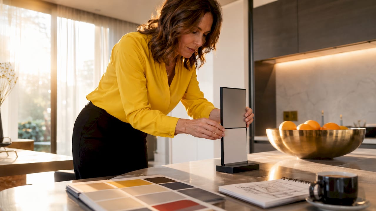 Interior designer adjusting show home signage