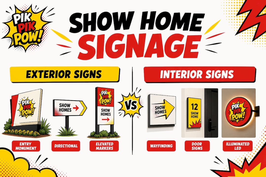 Infographic showing exterior and interior show home signage types