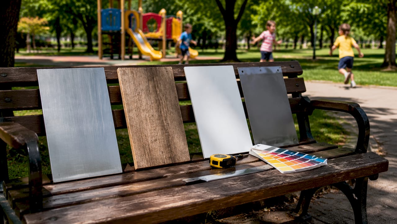 Variety of outdoor sign material samples on table