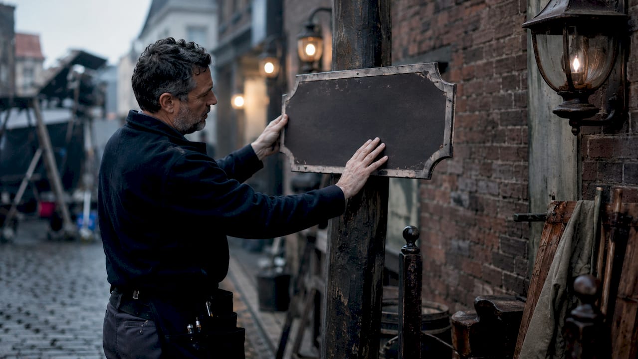 Prop master handling vintage street sign on film set
