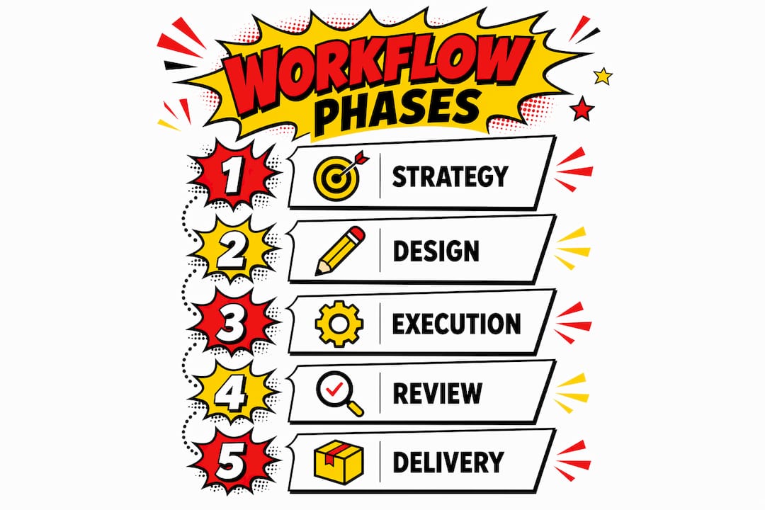 Infographic showing workflow phases in production design signage