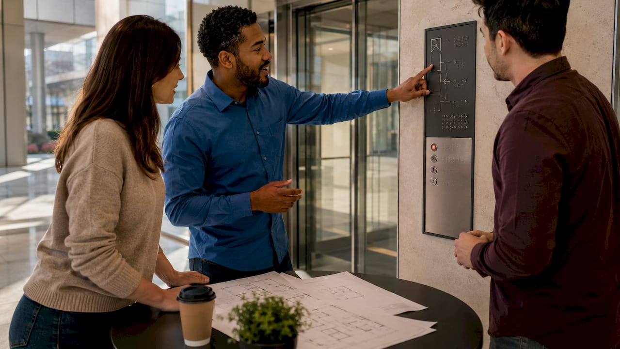 Staff reviewing accessible wayfinding signage inside office
