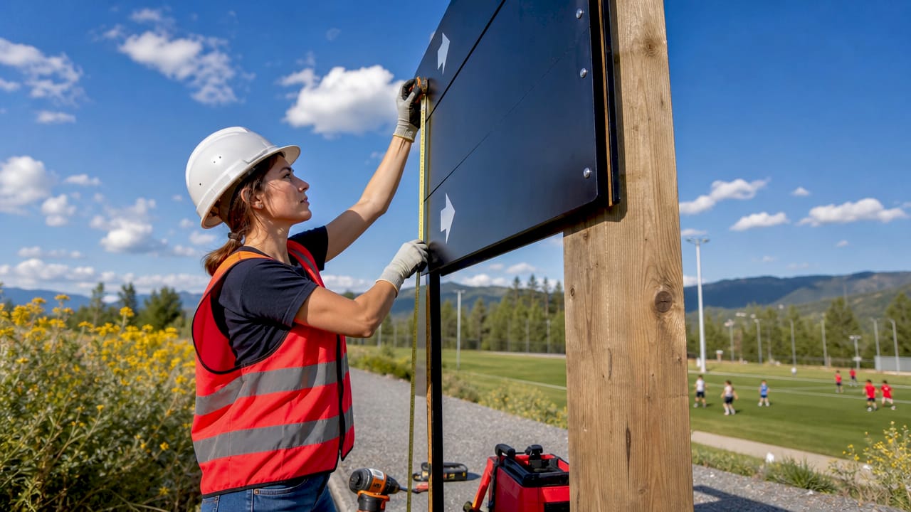 Technician measuring outdoor sports sign letters