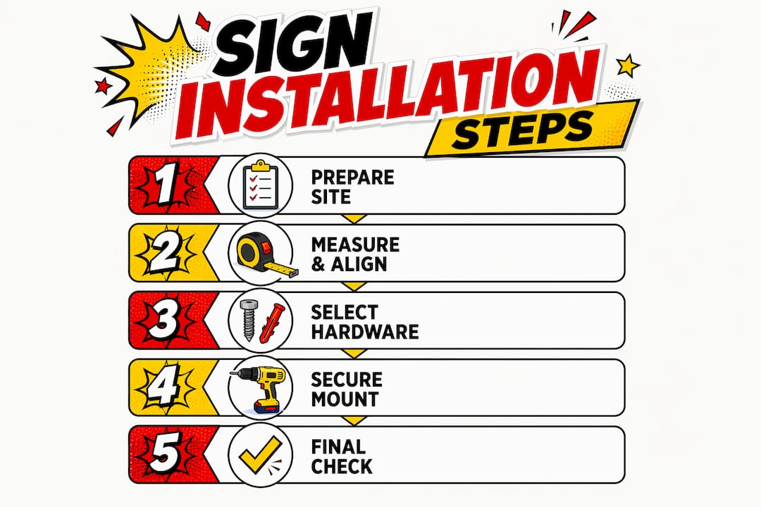 Infographic illustrating step-by-step outdoor sign installation