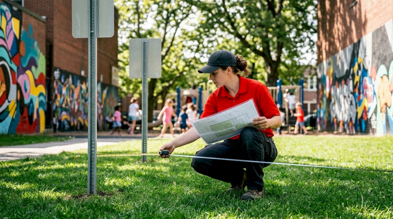 Technician measuring sign height outdoors