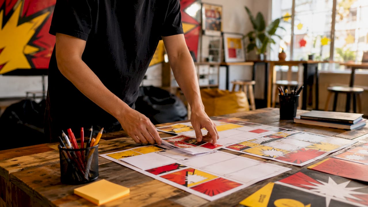 Hands arranging signage workflow templates and documents