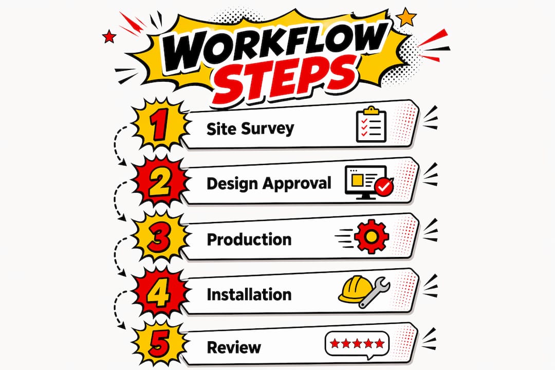 Infographic illustrating retail signage workflow steps in sequence