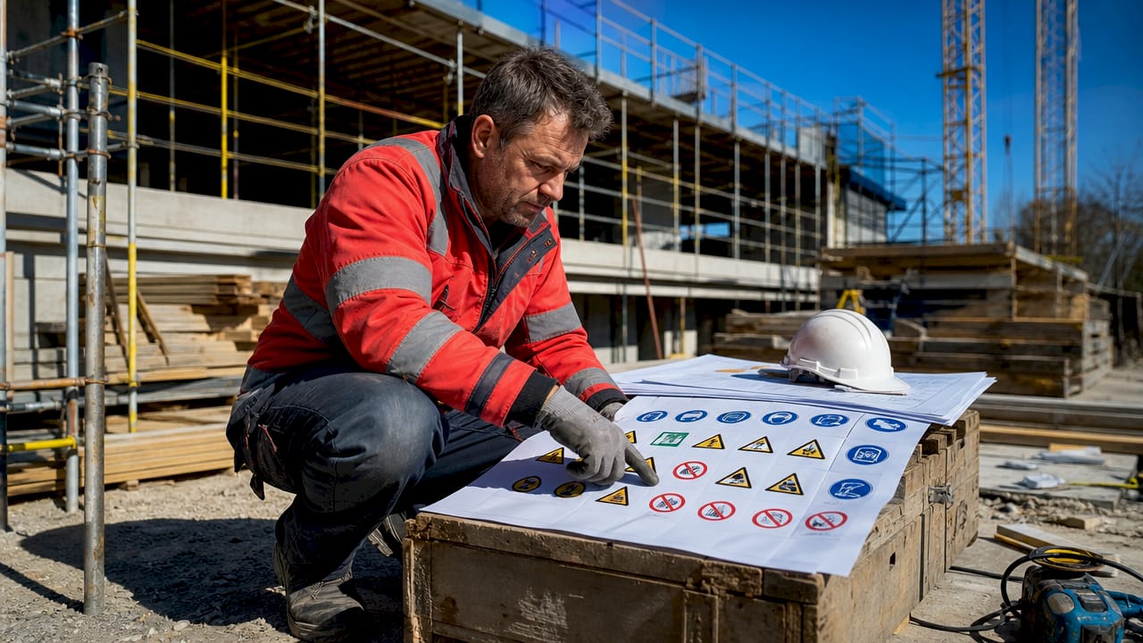 Worker pointing at ISO 7010 safety symbol chart