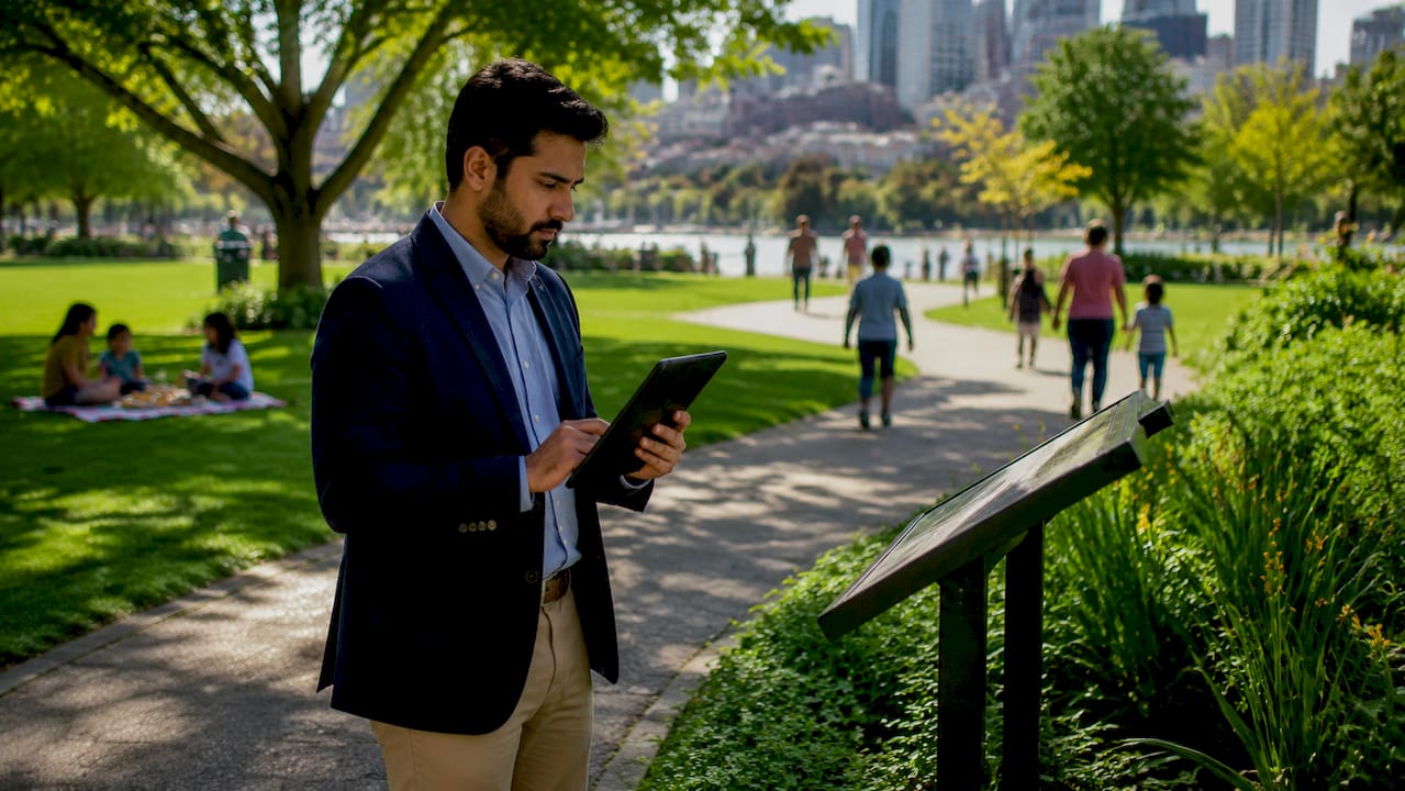 Urban planner reviewing footfall sign placement outdoors