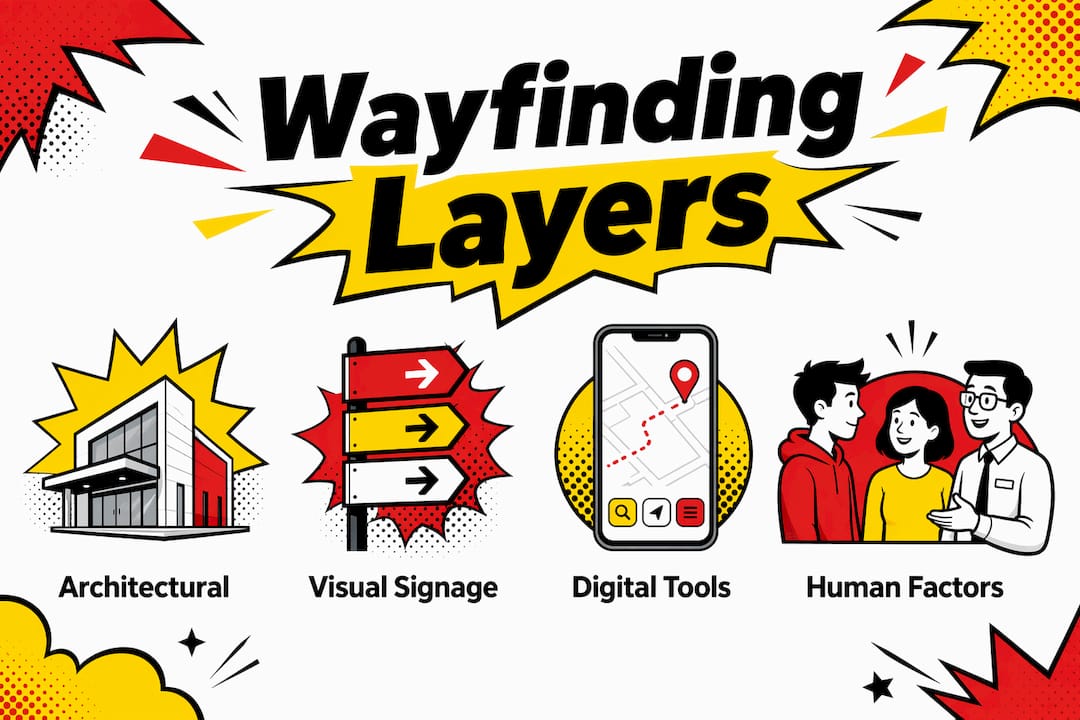Infographic illustrating core layers of wayfinding system