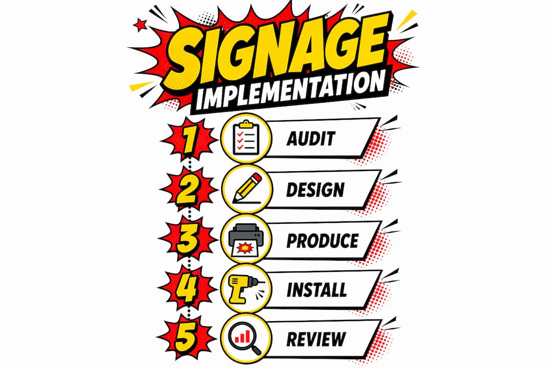 Infographic showing signage implementation steps