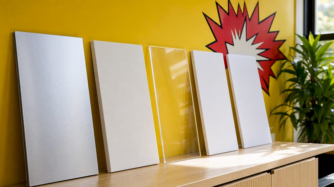 Various durable signage material samples on table