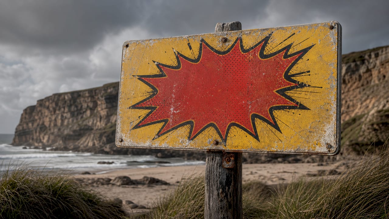 Weathered aluminium sign at coastal location