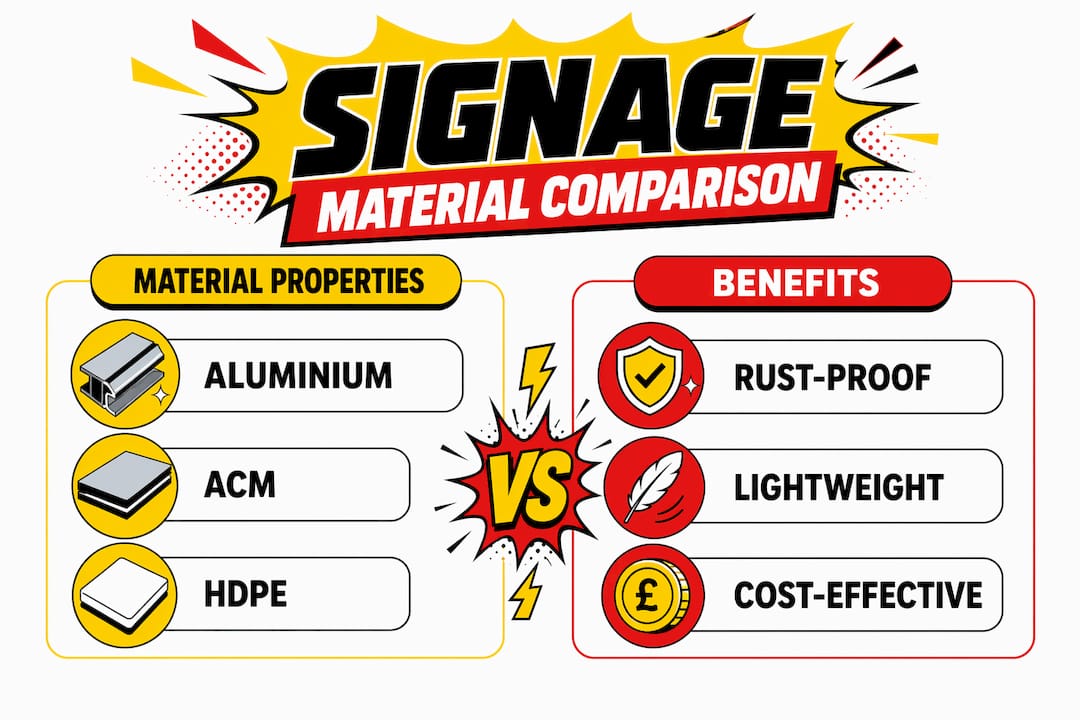 Infographic comparing outdoor signage materials and benefits