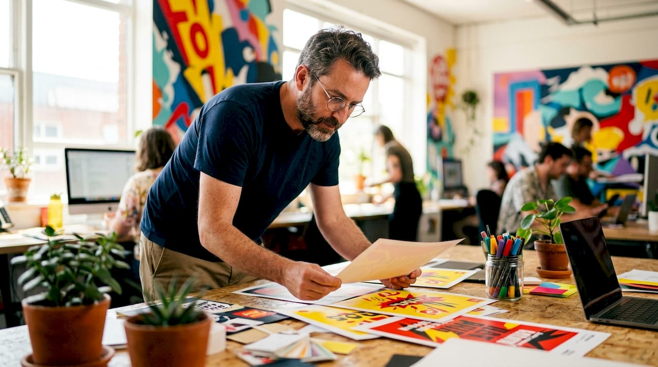 Designer reviewing creative retail signage samples