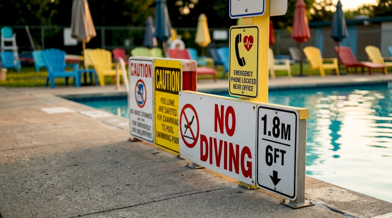 Overhead view of pool with safety signs