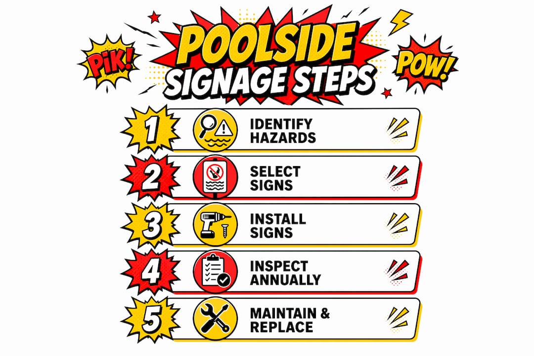 Infographic showing steps for effective poolside signage system