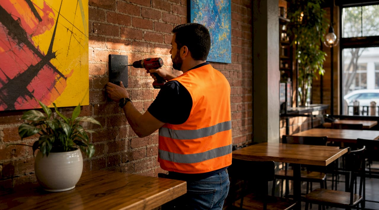 Installer fixing tactile wayfinding sign