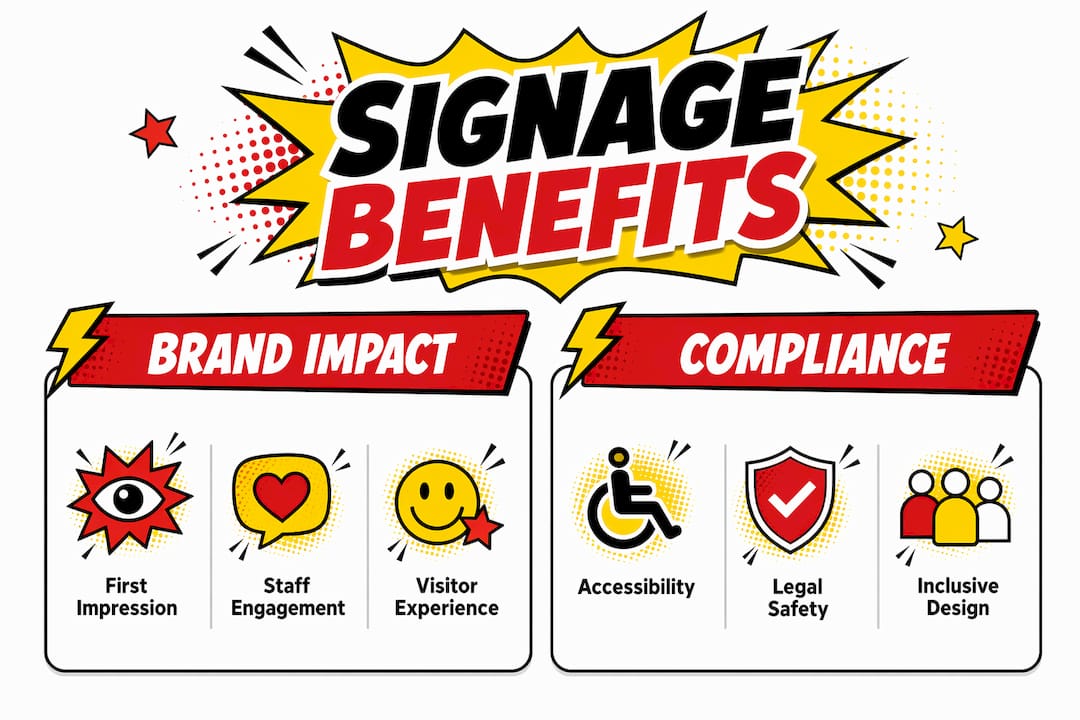 Infographic comparing brand impact and compliance benefits of signage
