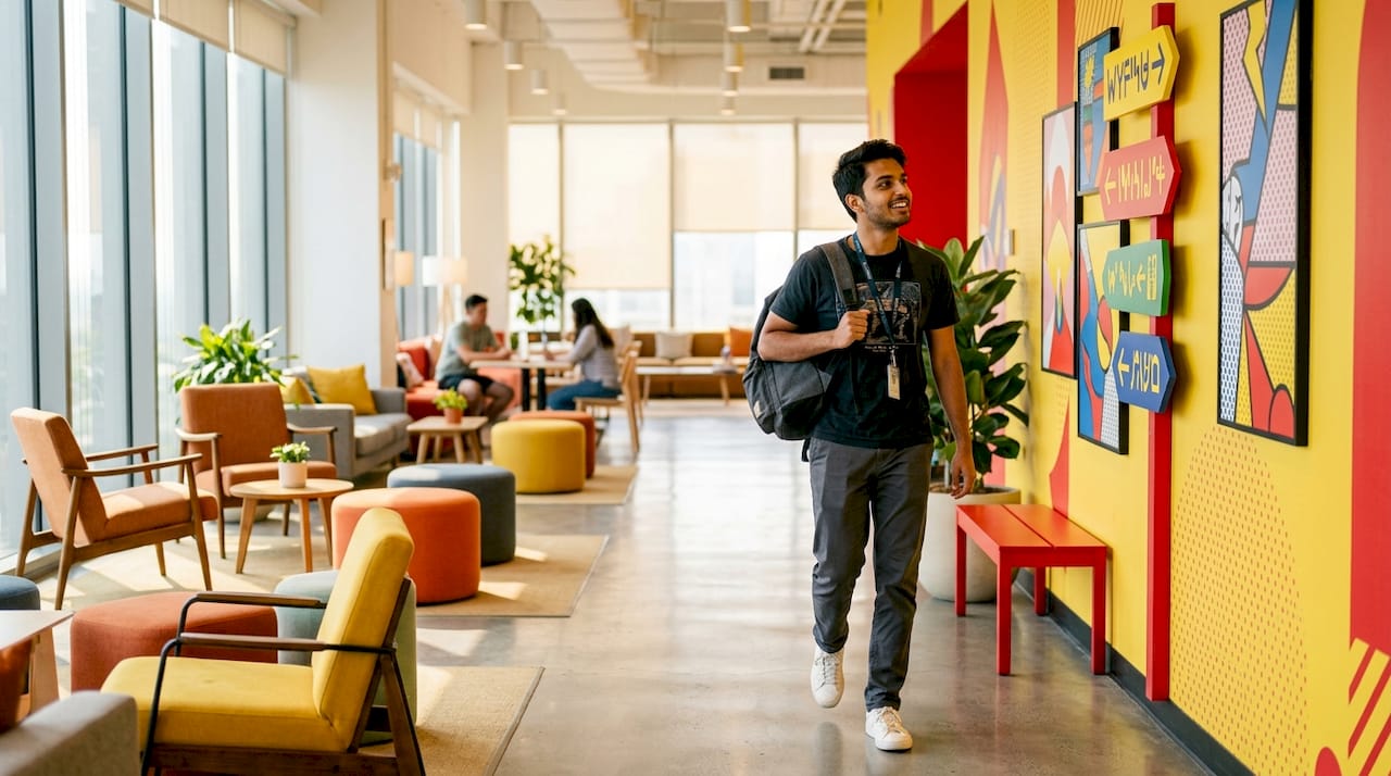 New employee navigating office wayfinding signs