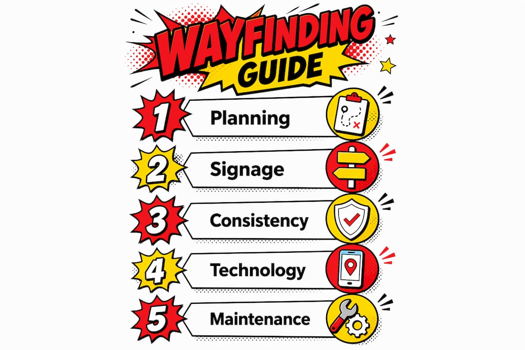 Infographic illustrating key wayfinding design steps