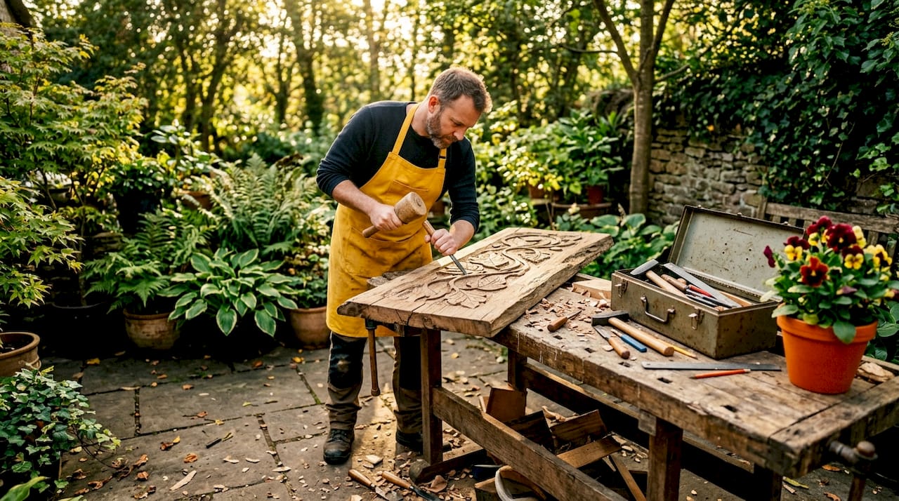 Hands sanding reclaimed wood for biophilic sign