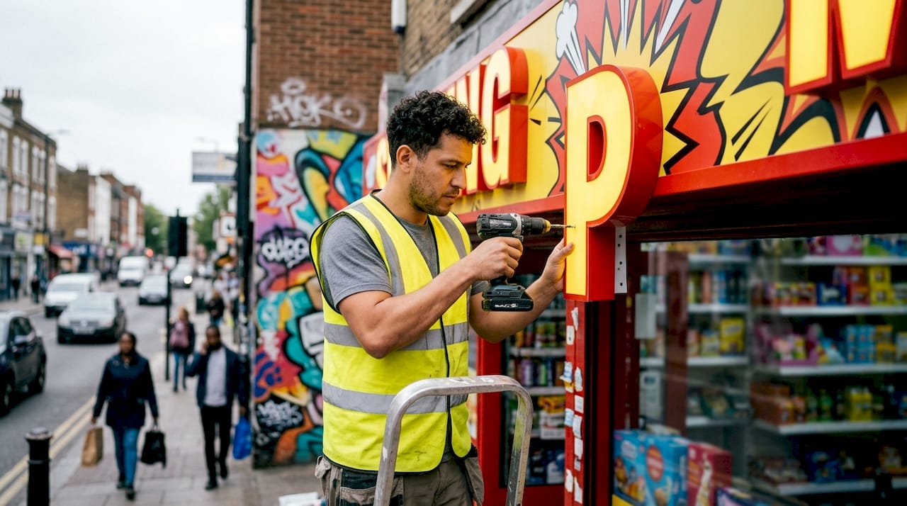 Installer mounting illuminated shopfront sign