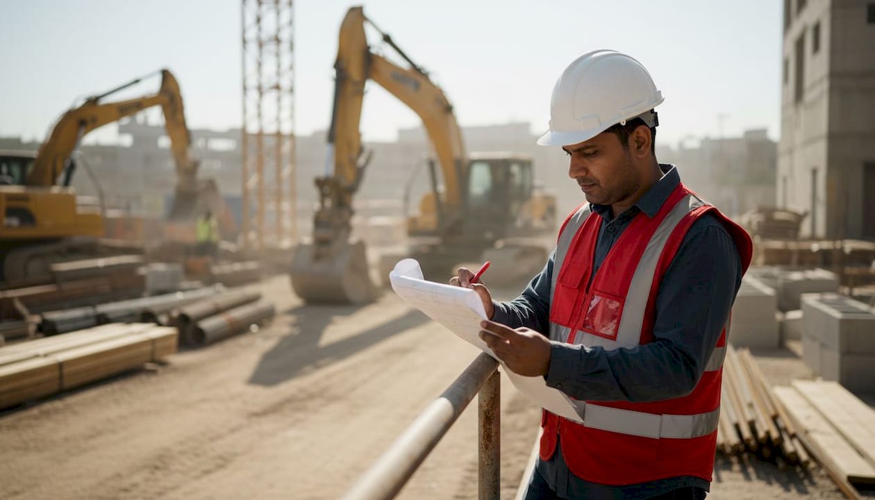 Site manager reviewing printed safety checklist