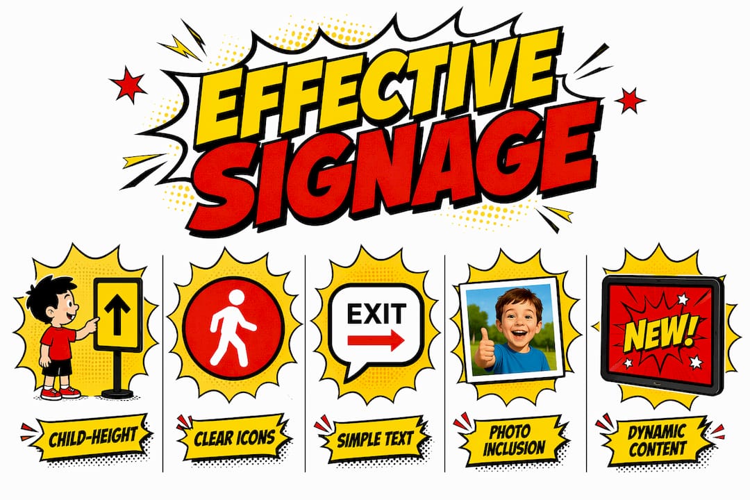 Infographic illustrating effective signage design elements in early years settings