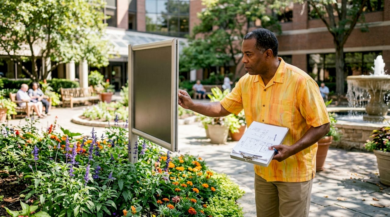 Facility manager inspecting signage placement