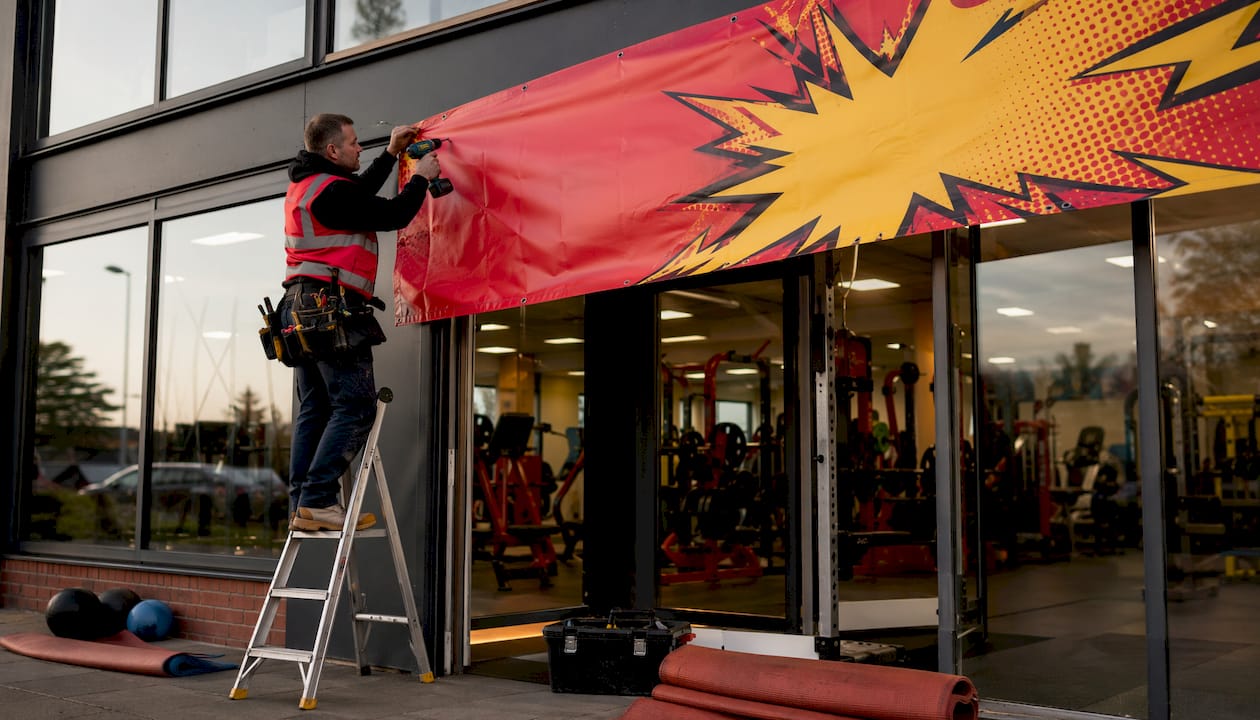 Technician installing gym banner at entrance