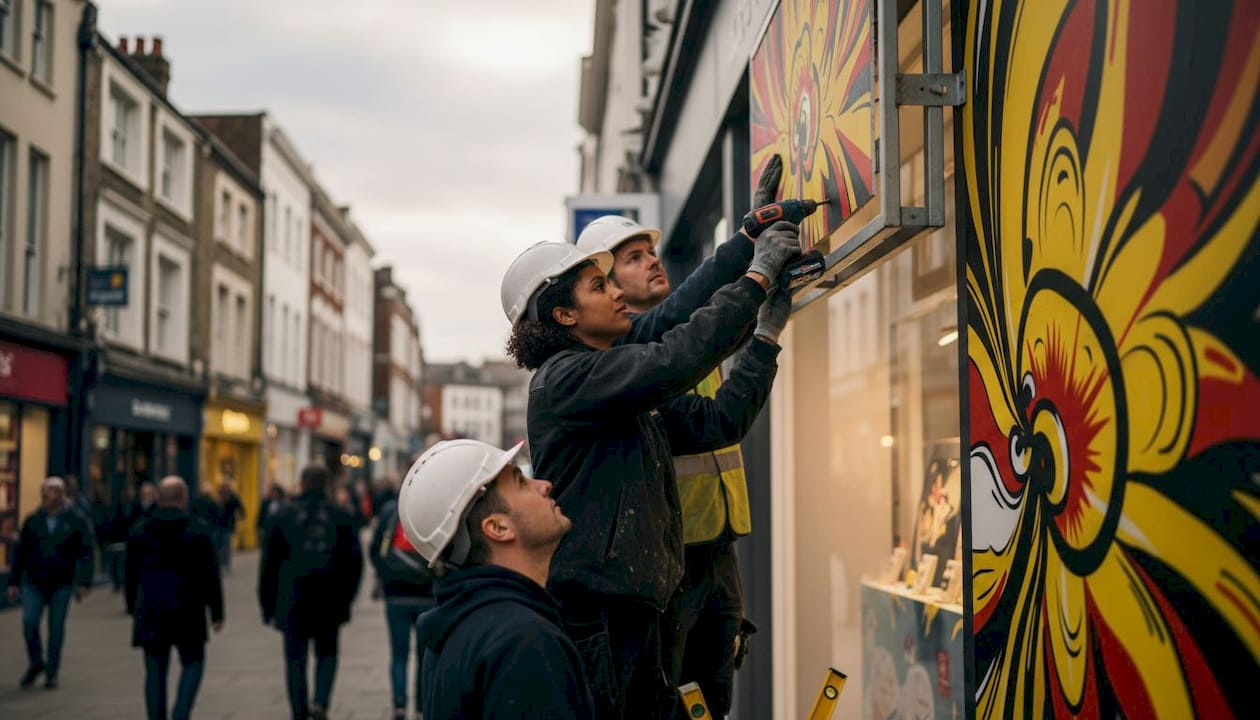 Team installing retail fascia sign outdoors