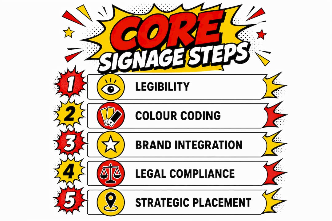 Infographic illustrating core gym signage principles