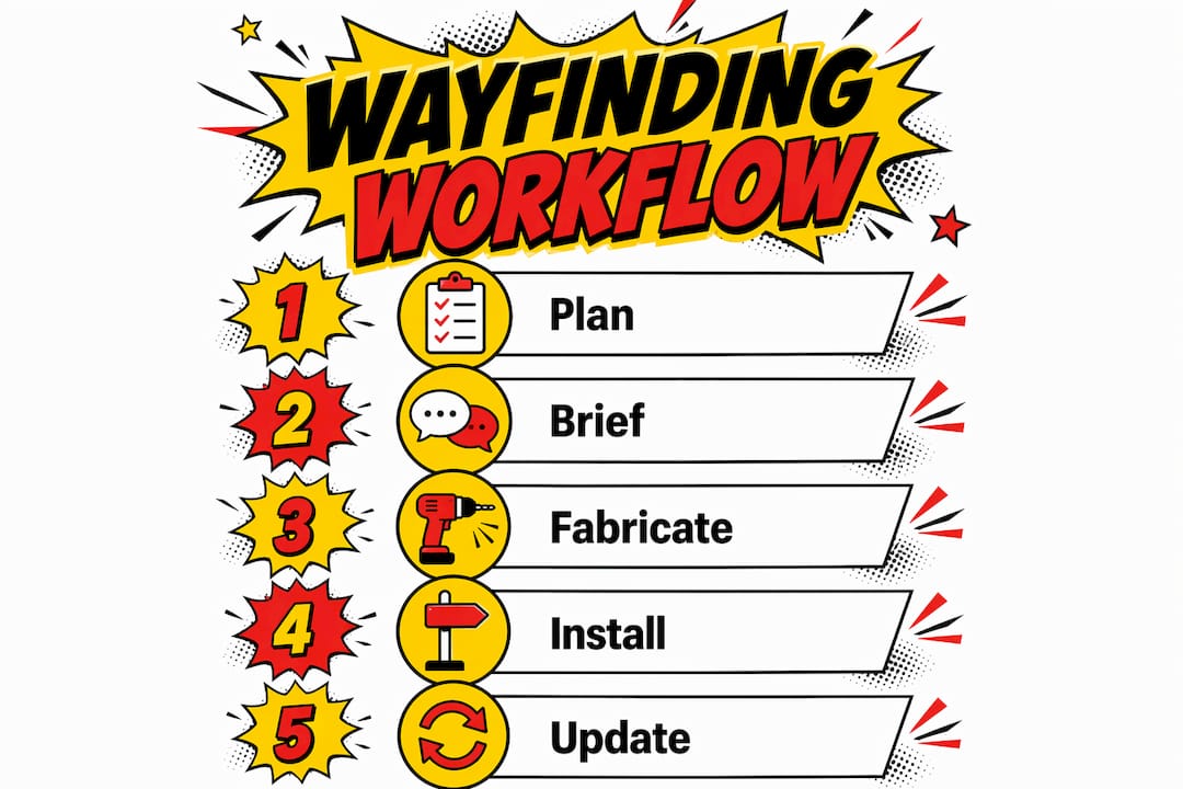 Infographic showing wayfinding workflow steps on set