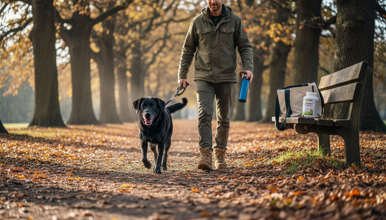Labrador walking with owner on park trail