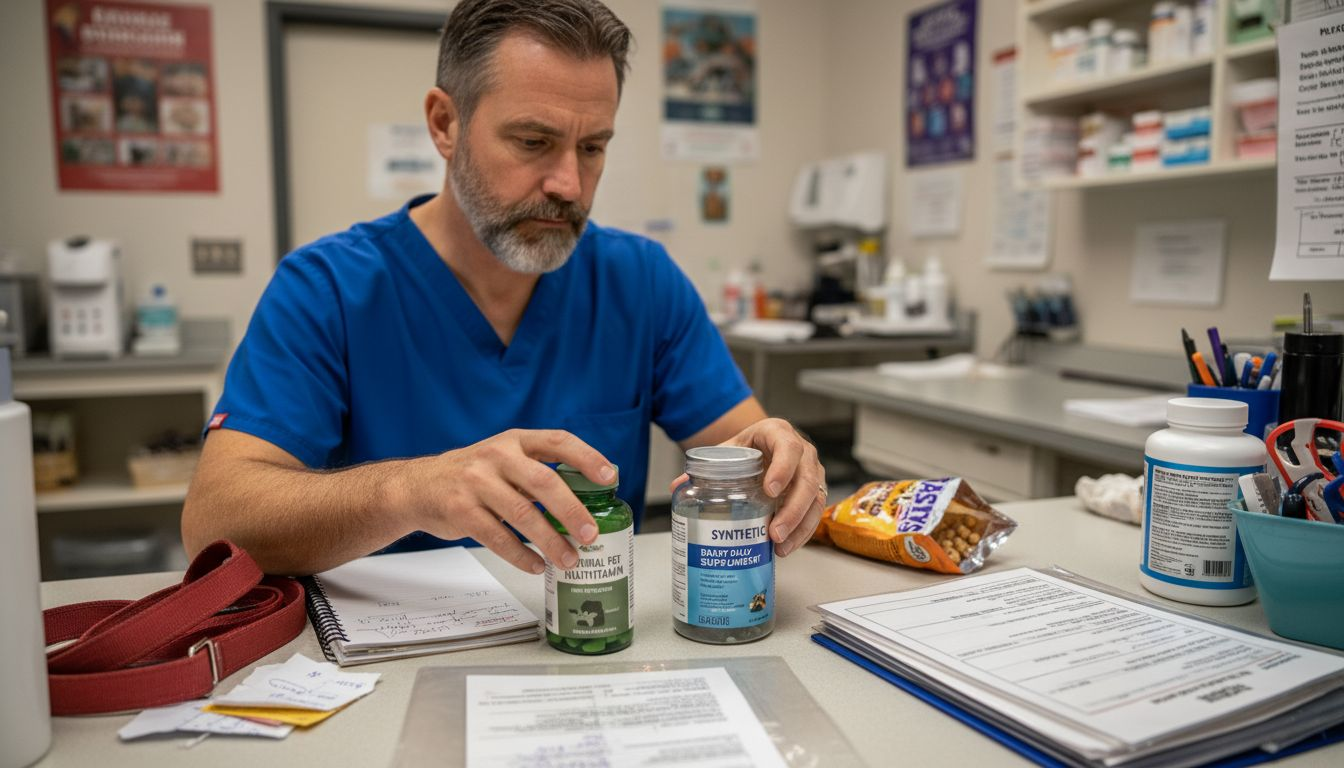 Veterinarian comparing natural and synthetic supplements