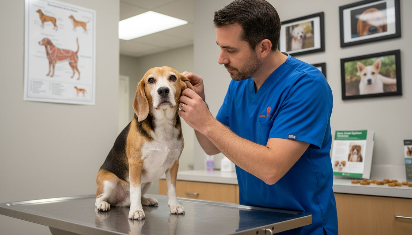Vet inspecting dog during health visit