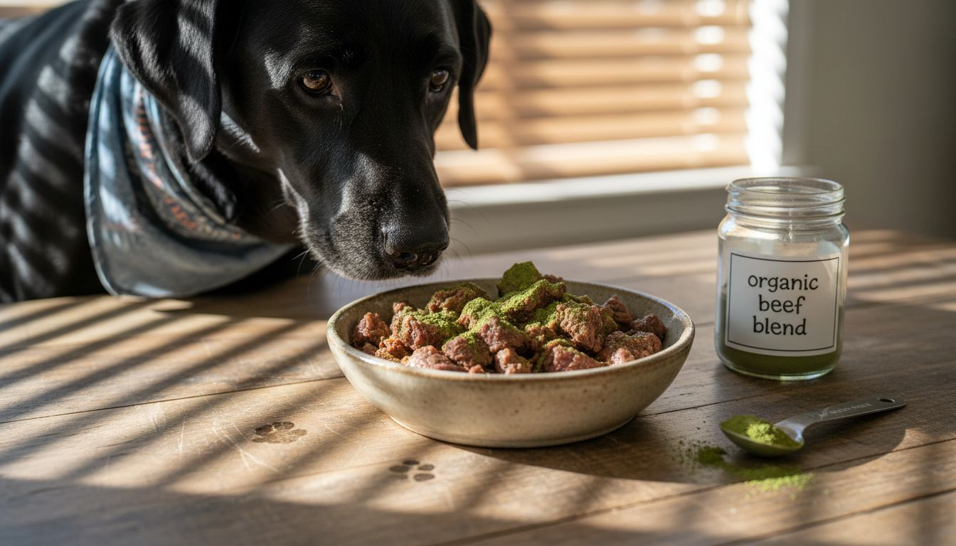 Dog examining organic organ supplement bowl