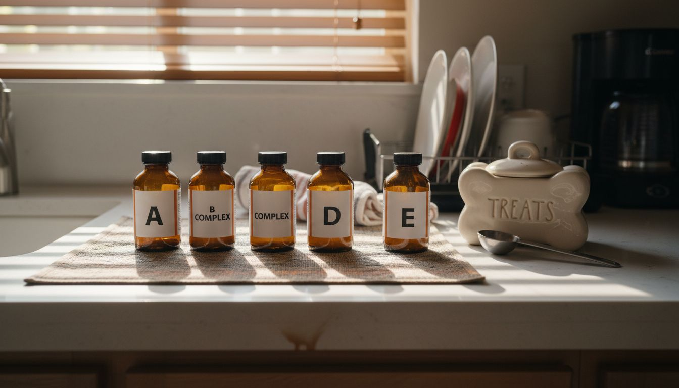 Dog multivitamin bottles labeled with vitamin names