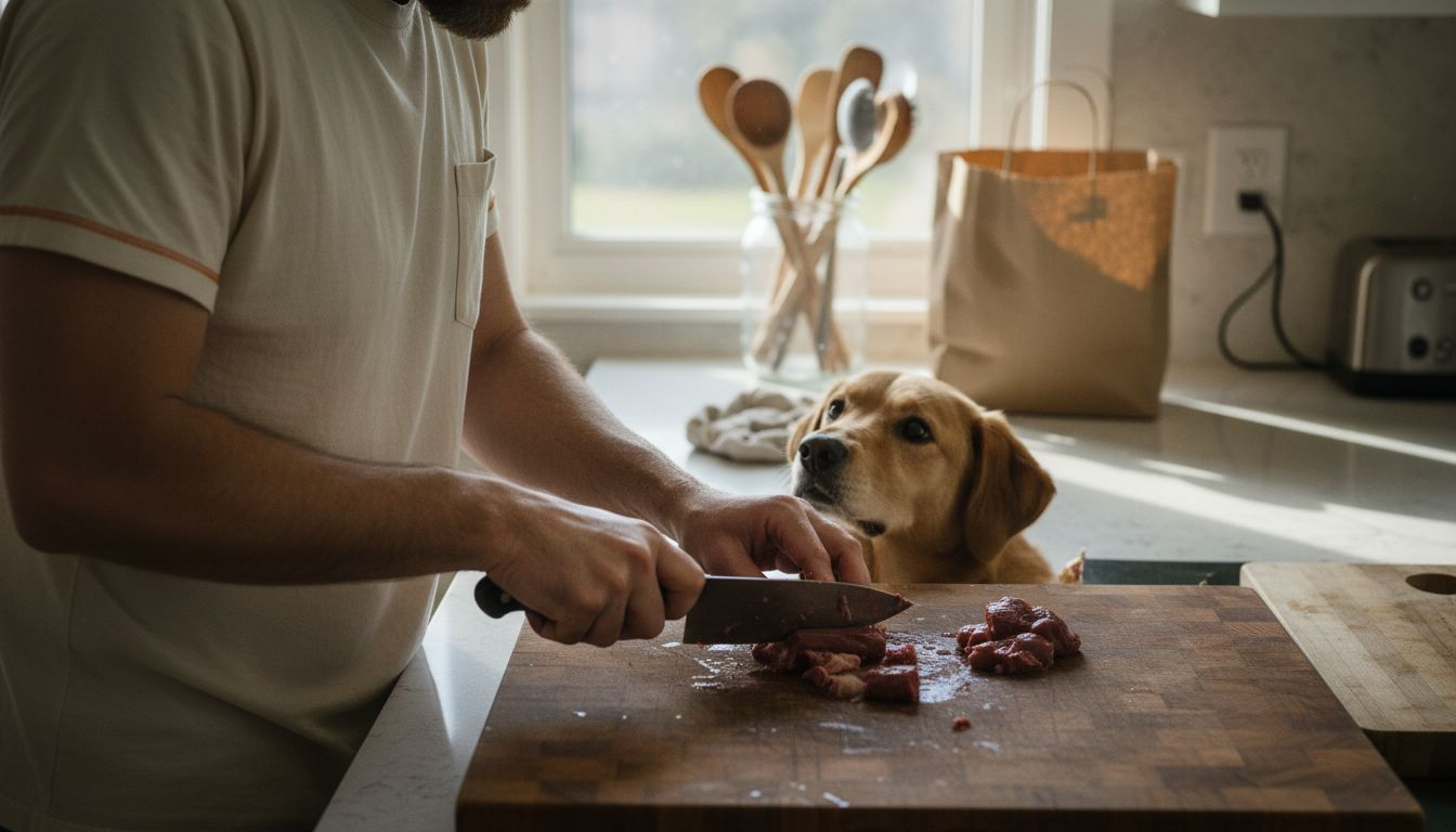 Dog watching owner prepare organ meats