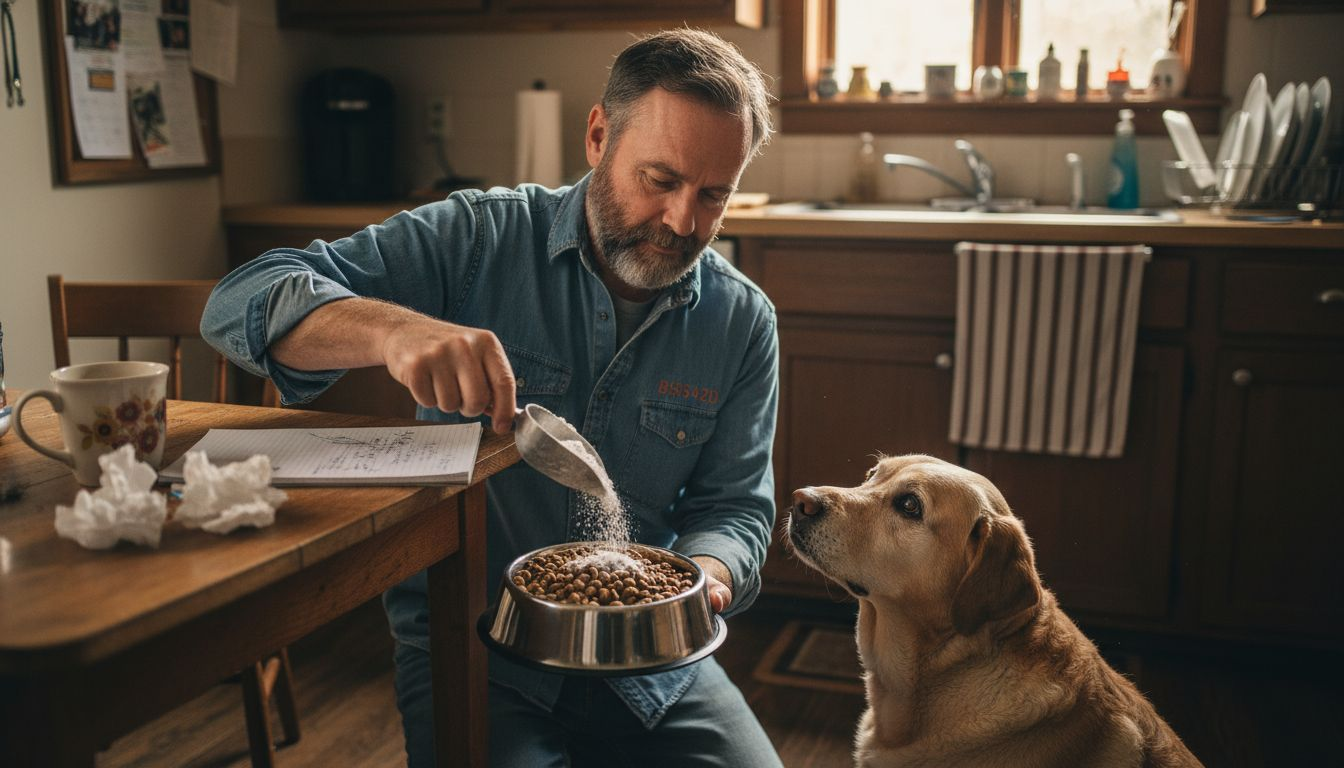 Senior man prepares probiotics for elderly dog