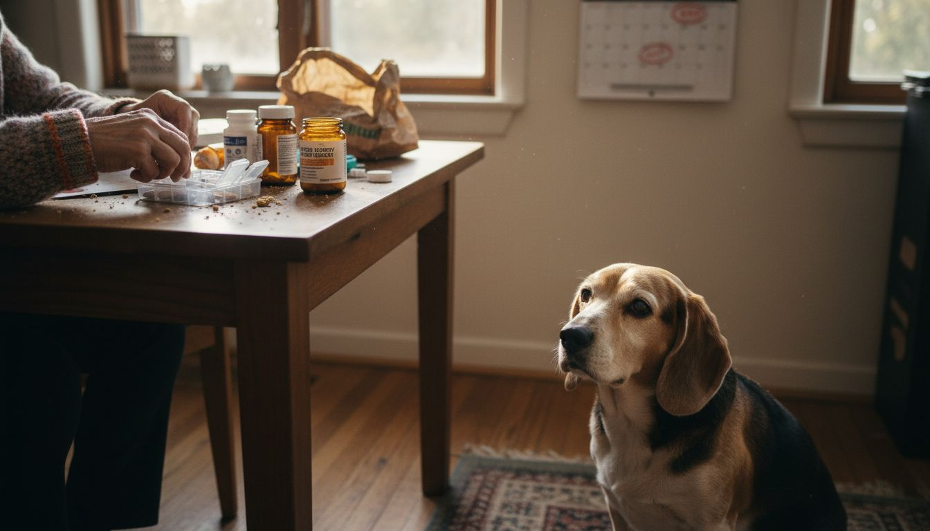 Owner preparing kidney supplements for dog