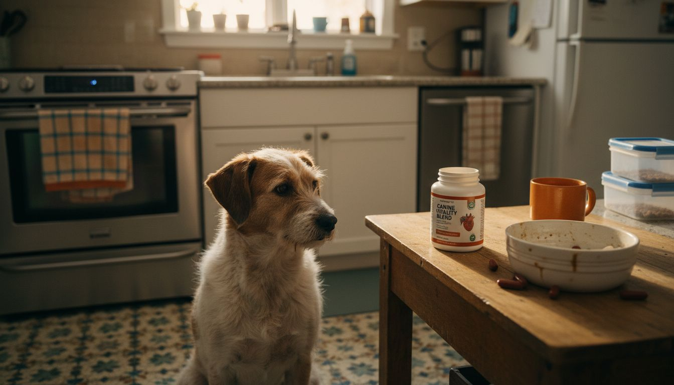 Dog in kitchen with organ supplements container