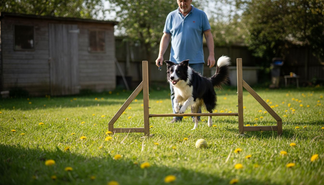 Border collie jumping hurdle, showcasing joint health