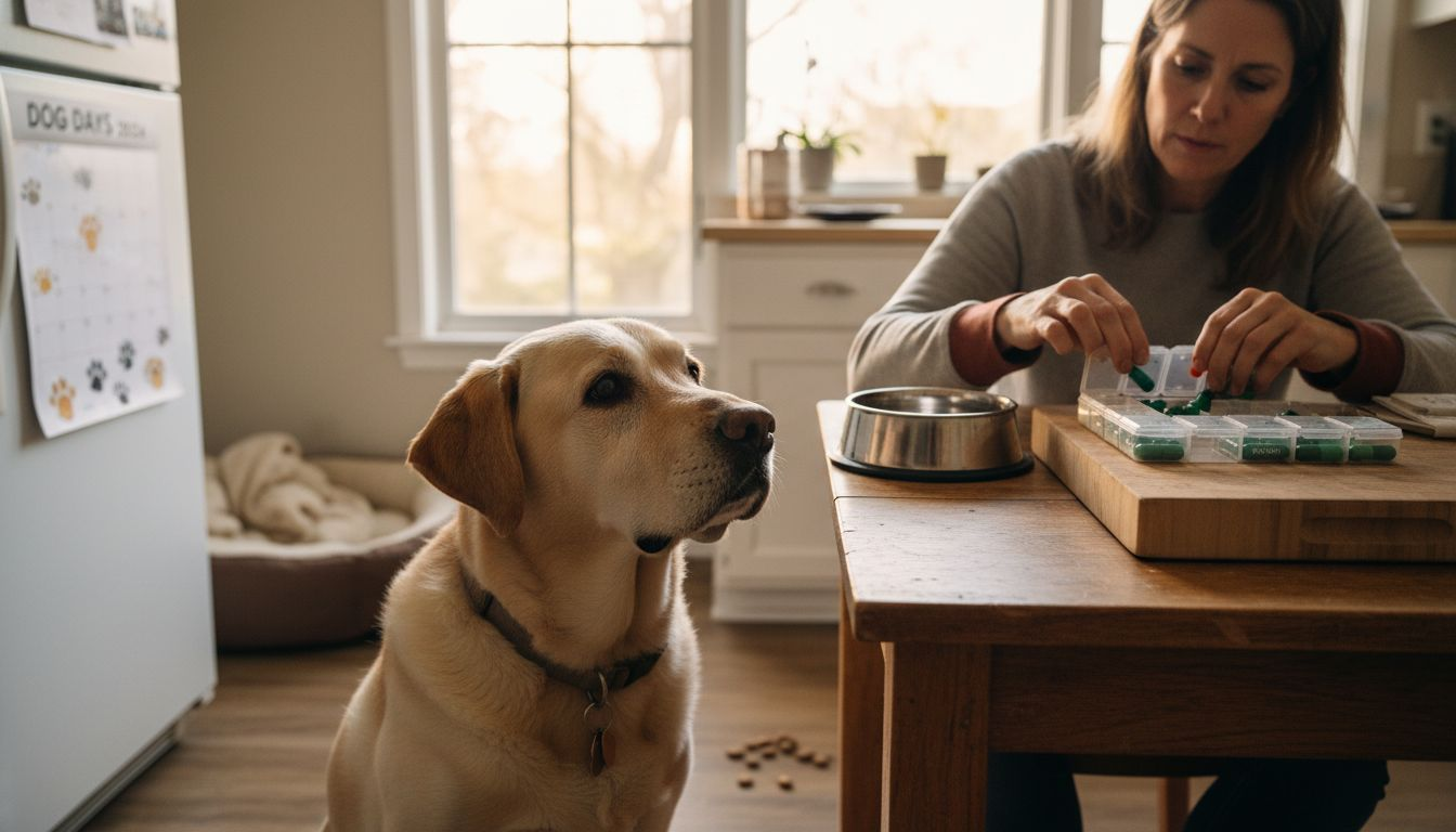 Dog and owner preparing joint supplements