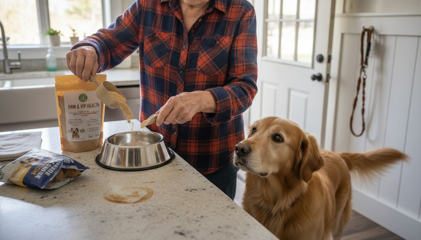 Senior dog receiving joint supplement in kitchen